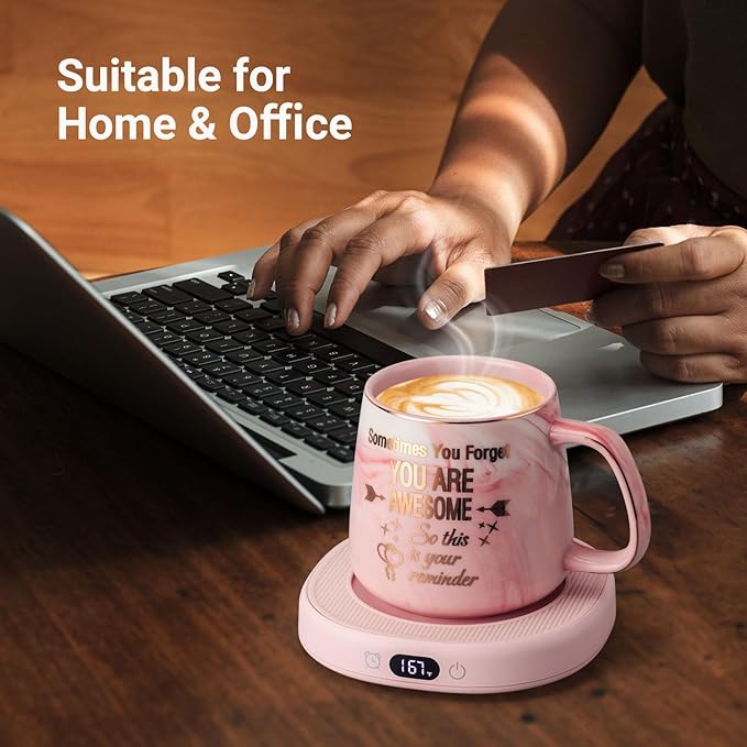Coffee Mug Warmer & You are Awesome Mug Set, Electric Cup Warmer for Desk, Beverage Warmer with 4 Temperature Setting, 8-Hours Auto Shut Off