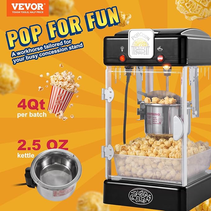 VEVOR Popcorn Maker, 300W Popcorn Popper Machine, 2.5 Oz Kettle Makes 4 QT per Batch, Tabletop Popcorn Maker with PP Door, Includes 2 Scoops and Tray, Movie Theater Style, Black
