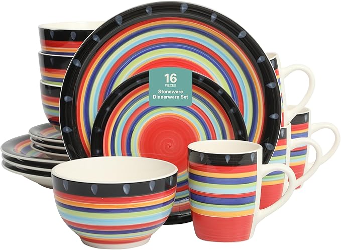Gibson Home Festival Rings 16-Piece Stoneware Dinnerware Set – Colorful Hand-Painted Plates, Bowls & Mugs, Service for 4, Dishwasher & Microwave Safe Vibrant Tableware