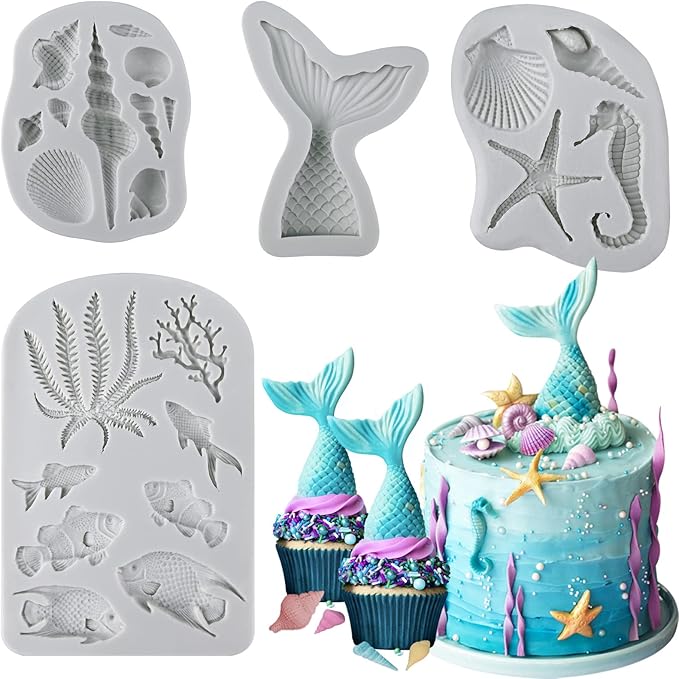 Sakolla 4 Pcs Marine Theme Silicone Fondant Molds, Mermaid Tail Seashell Conch Starfish Shape Silicone Molds for Cake Decoration, Chocolate, clay, Crafting