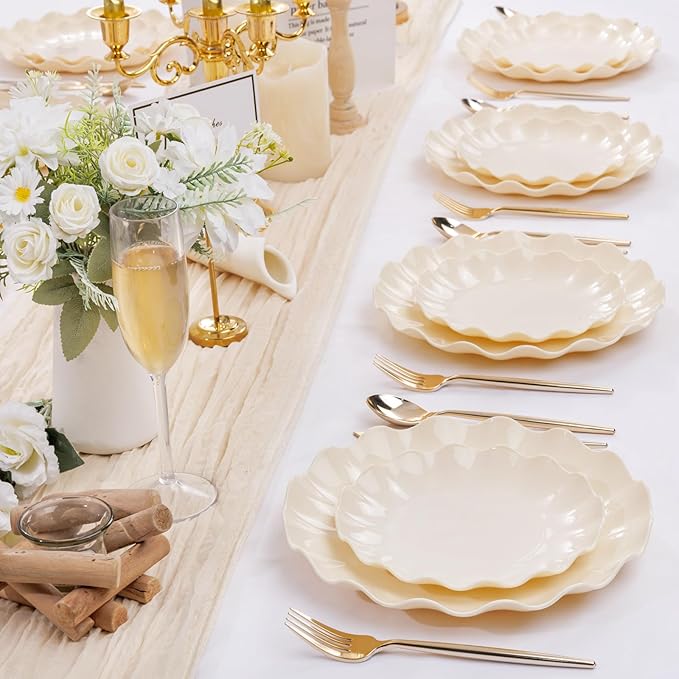 LIYH 24 Pcs Plastic Plates Reusable,Unbreakable Dinner Plates, Scalloped Plastic Plates, Dishwasher Safe,Ivory Plate Sets Perfect for Parties, Birthday, Picnics, BPA Free(12Guests)