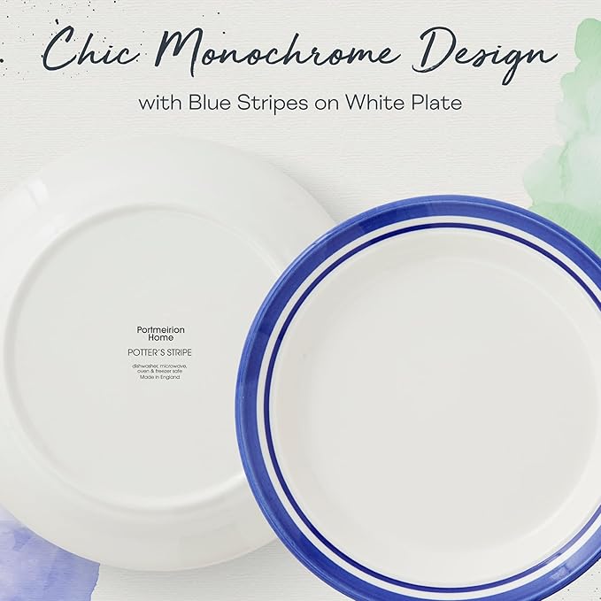 Portmeirion Potter's Stripe Salad Plate (Set of 4) - 8" Earthenware Plates with Classic Striped Rim - Microwave, Dishwasher, Freezer, Oven Safe - Ideal Modern Dinnerware Set (Blue Stripe)