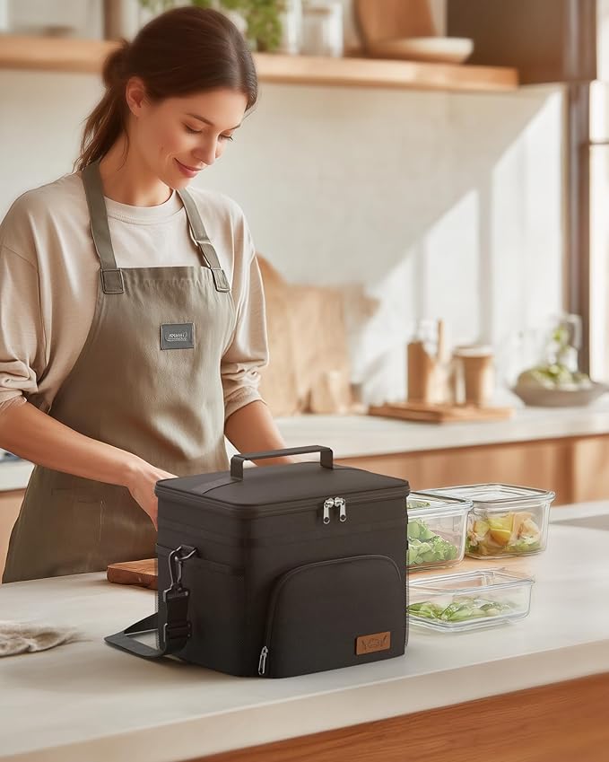 HOTOR Insulated Lunch Box for Men & Women - Leak-Proof Cooler Lunch Bag with 4 Pockets, Adjustable Strap, Ideal for Work, Picnic, Travel - Medium, Black, 10.2"×6.9"×8.5"