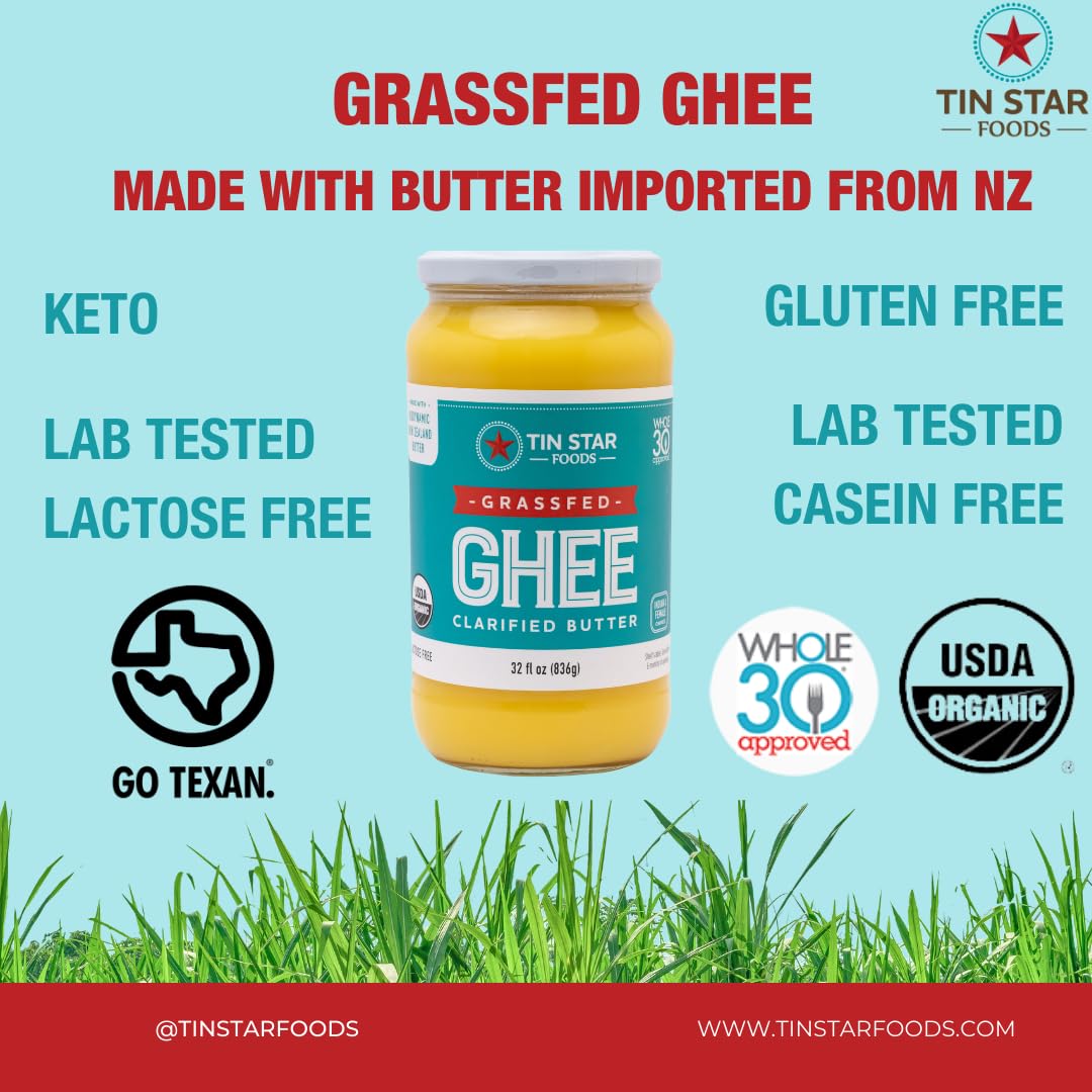 Tin Star Foods Grassfed Organic Ghee –365 Pasture Grazed, Hand Crafted Clarified Butter – Keto, Whole 30 and 21 Day Detox Approved, Lactose Free, Casein Free, – 32 fl oz