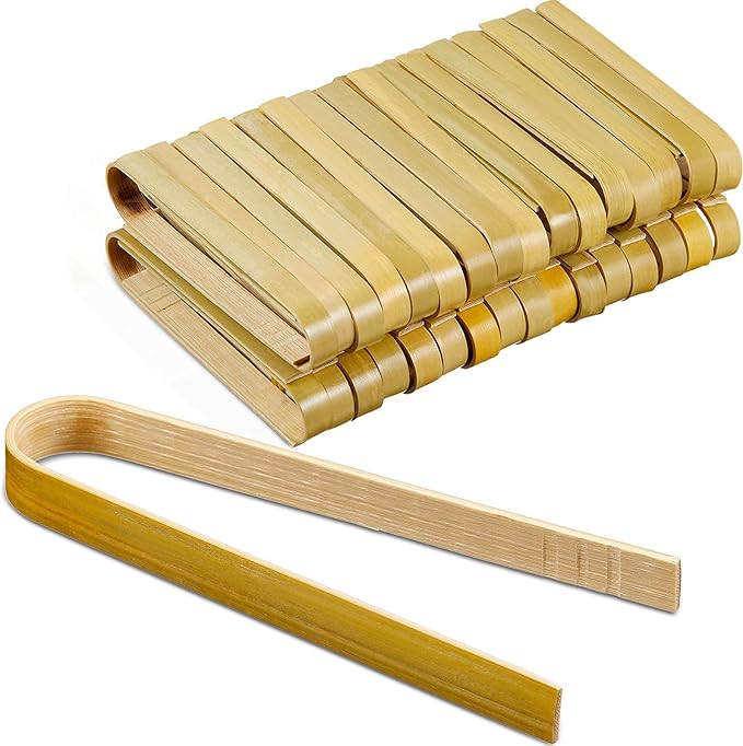 Patelai 90 Pieces Mini Bamboo Tongs Long Toast Tongs Disposable Wooden Cooking Bamboo Cooking Utensils for Toast Bread Pickles Tea Toaster Supplies (4 Inch)