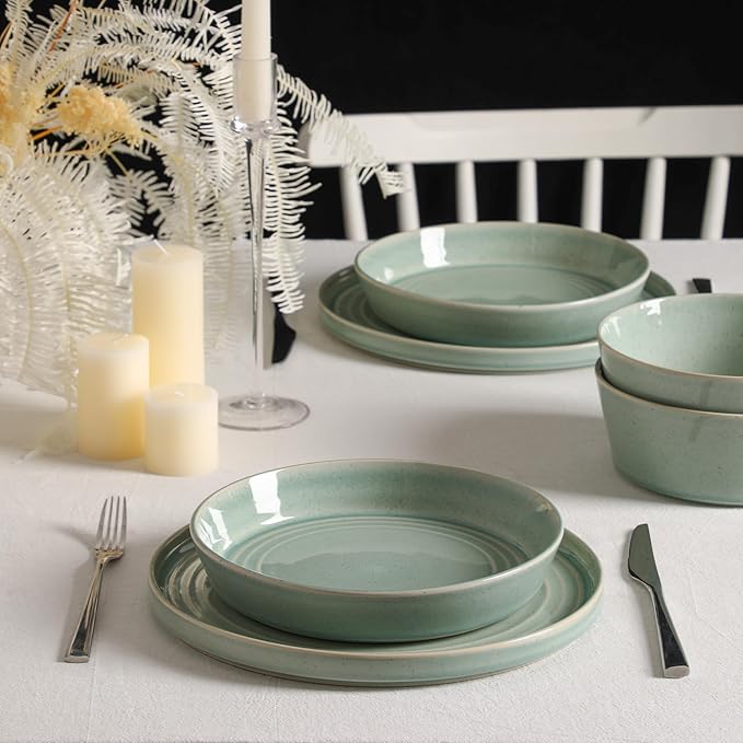 Stone Lain Claire 12-Piece Dinnerware Set Stoneware, Plates and Bowls Set, Dishwasher and Microwave Safe, Dish Set for 4, Green