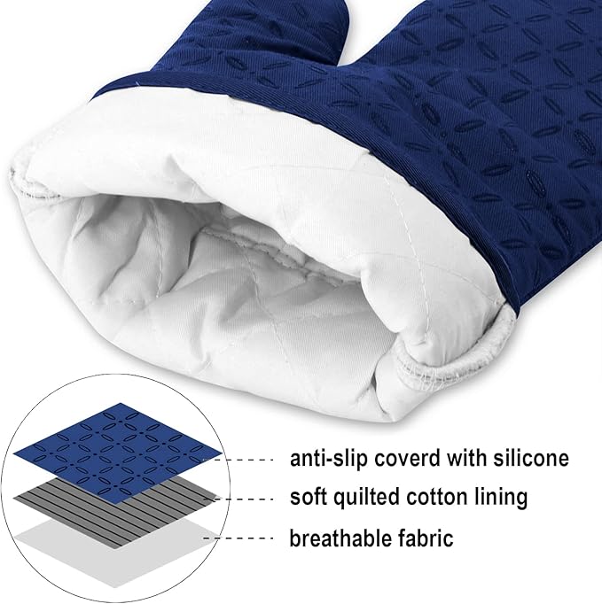 KEGOUU Oven Mitts and Pot Holders 6pcs Set, Kitchen Oven Glove High Heat Resistant 500 Degree Extra Long Oven Mitts and Potholder with Non-Slip Silicone Surface for Cooking(Marine Blue)