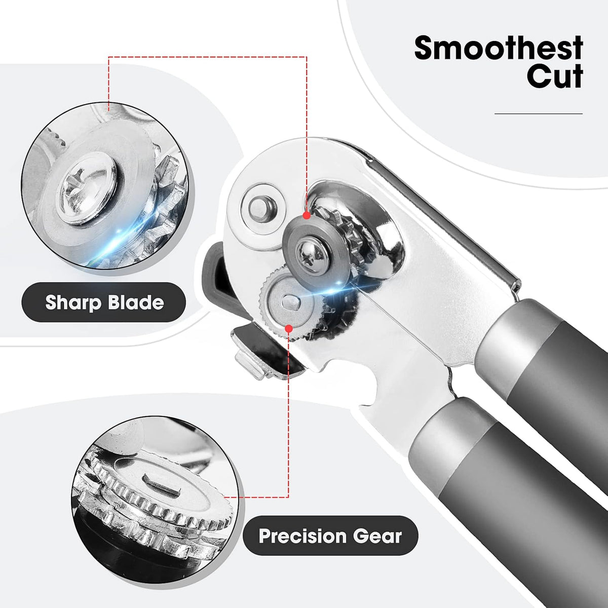 Beneno Can Opener Manual with Magnet, Hand Held Heavy Duty Can Opener with Durable Sharp Blade Smooth Edge, Big Effort-Saving Knob, Soft Grip Rubber Handle, Multifunctional Bottle Opener, Gray
