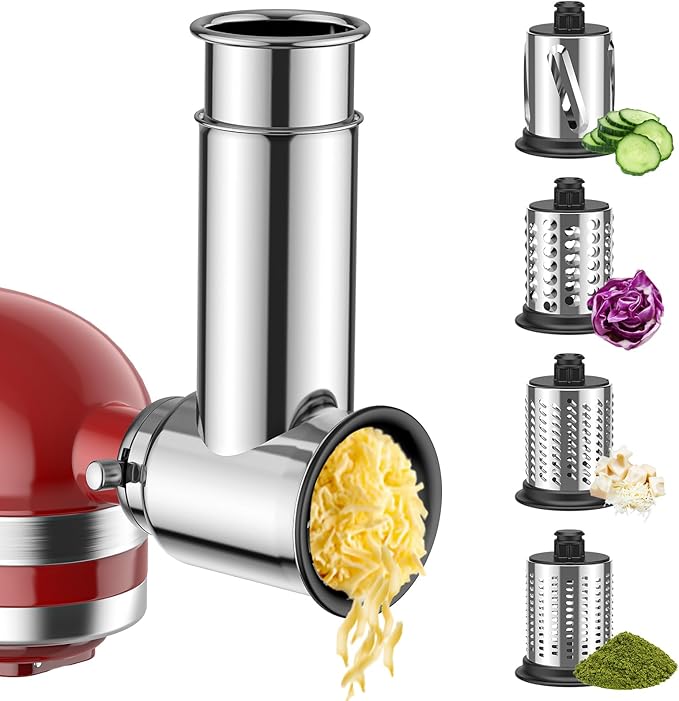Stainless Steel Slicer Shredder Attachment for KitchenAid Stand Mixer, For Kitchenaid Cheese Grater Attachment, Salad Maker, Grinding Powder, Cheese Kitchenaid Attachment with 4 Blades