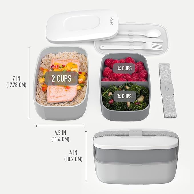 Bentgo Classic - Adult Bento Box, Stackable 3-Compartment Lunch Box with Removable Utensil Set and Sealing Strap, BPA-Free, Food Container Ideal for Meal Prep, Work, and On the Go (Gray)