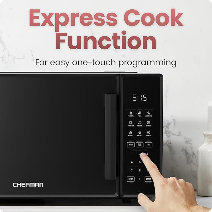 Chefman Countertop Microwave Oven 1.1 Cu. Ft., 1000 Watts with 10 Power Levels, 6 Cooking Presets with One-Touch Express Cook, Eco Mode, Child Safety Lock, & Mute Button - Black