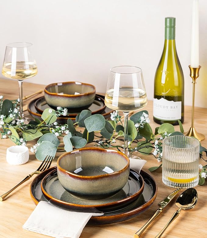TheTerra Ceramic Dinnerware Sets for 4, 12 Pieces Porcelain Lightweight Plates and Bowls Sets, Scratch Resistant Dish Set, Oven & Microwave & Dishwasher Safe, Coffee Bean