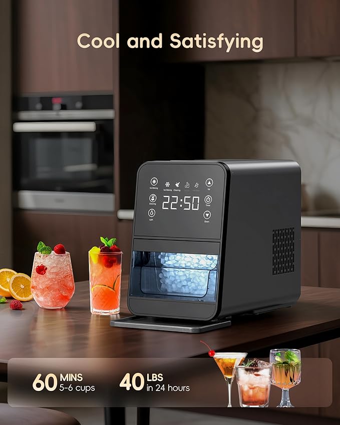 ecozy Nugget Ice Maker Countertop, Intuitive EcoScreen, 40lbs/24H Chewable Pebble Ice, 3lb Pull-Out Basket, Self-Cleaning, One-Touch Timer – Perfect for Home, Drinks & Cocktails
