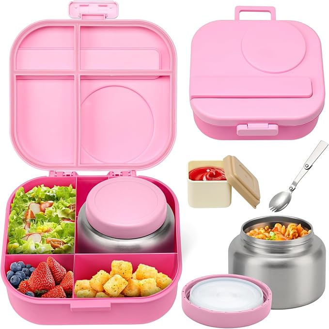 Bento Lunch Box with 12oz Soup Thermo,4 Compartments Lunch Box Containers, Spoon&Sauce Jar, BPA Free&Leak proof,Insulated Food Jar for Travel(Pink)