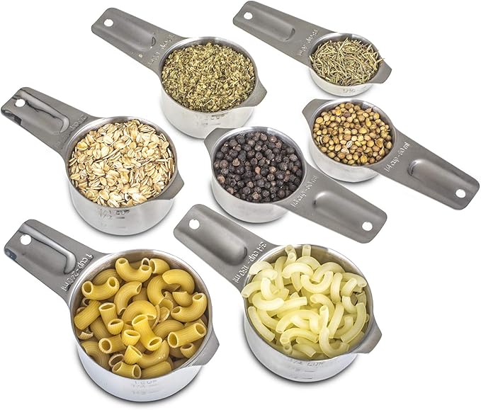 Set of 7 Heavy Duty Measuring Cups, 18/8 Stainless Steel with Ring Connector, Silver