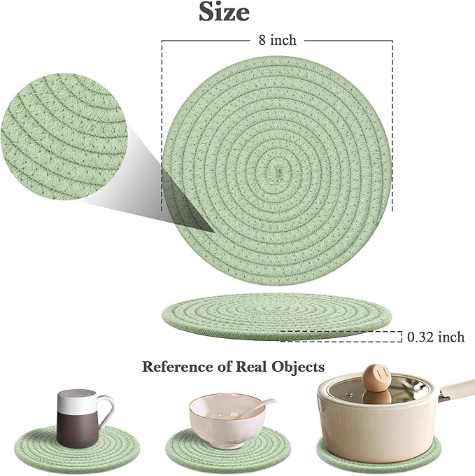 Trivets for Hot Dishes, 4 Pot Holders for Kitchen, Heat Resistant Mats for Countertop, 8 Inch Hot Pads for Hot Pots and Pans, Coaster, Home Essentials, Rustic Farmhouse Decor (Green)