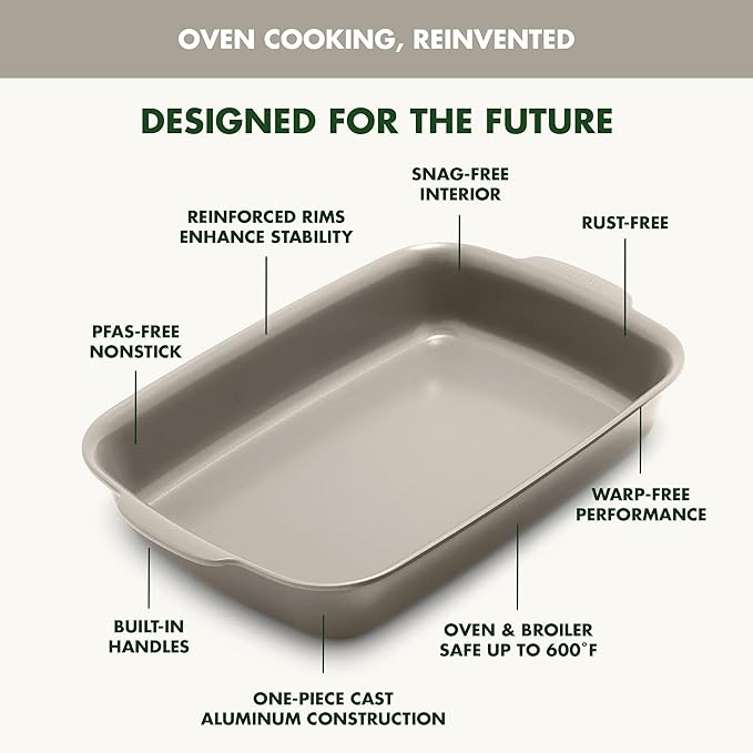 GreenPan Premiere Ovenware Healthy Ceramic Nonstick 13" x 9" Rectangular Baking Pan, PFAS-Free, Warp-Free Bakeware, Durable Quick Heating, Oven & Broiler Safe to 600F, Dishwasher Safe, Taupe