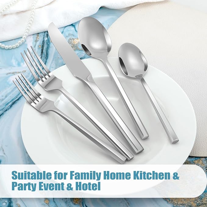 DEACORY Silverware Set Flatware Set Cutlery Set Stainless Steel Hexagon Handle Silver Mirror Finished 20 Pieces Service for 4