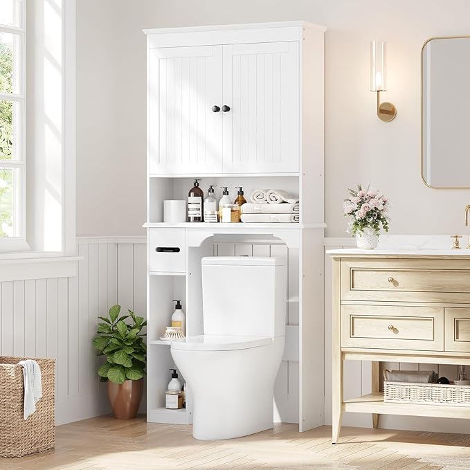 IDEALHOUSE 23.6 Inches Wide Toilet Rack with Over The Toilet Storage Cabinet, Bathroom Shelf Organizer with Anti-Tip Device, Small Freestanding Space Saver with Adjustable Shelf (White 30" W)