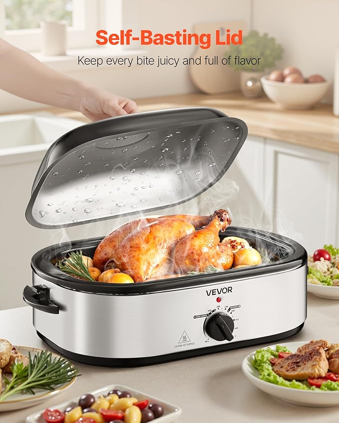 VEVOR Roaster Oven, 18QT Electric Roaster Oven, 150-450℉ Adjustable Temperature Electric Roasting Pan with Self-Basting Lid, Cool-Touch Handle, Defrost & Warm Function, Stainless Steel Turkey Ovens