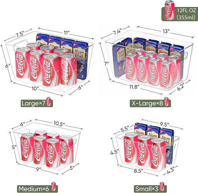 BALEINE Clear Plastic Storage Bins, Pantry Organization, BPA Free Stackable Refrigerator Organizers and Storage with Handles for Kitchen Fridge Cabinet Bathroom (6PK, 13x7.4x6.2)