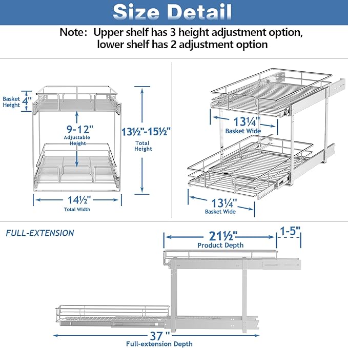 LOVMOR 2 Tier Individual Pull Out Cabinet Organizer 14½" W x 21½" D, Slide Out Kitchen Cabinet Storage Sliding Shelves