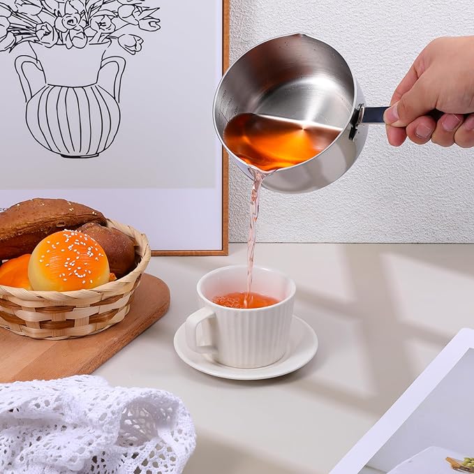 18/10 Stainless Steel Butter Warmer Measuring Pan, 0.5 Quart Small Sauce Pan with Dual Pour Spout, 17OZ/500ml Coffee Milk Chocolate Butter Melting Pot