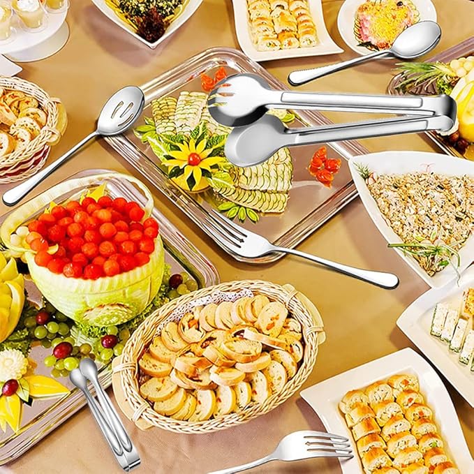 10 PCS Stainless Steel Serving Utensils, Large Serving Spoons Slotted Spoons, Serving Forks, Serving Tongs, Ice Suger Tongs, Metal Utensils Set Great for Buffet Catering Banquet Party (silver)