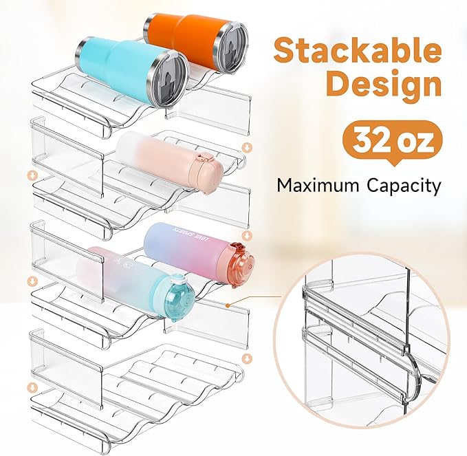 Stackable Water Bottle Organizer, Large Compartment Water Bottle Holder, 4 Tier Clear Water Bottle Organizer for Cabinet, Bottle Rack for Kitchen Organization and Storage - Hold 16 Bottles