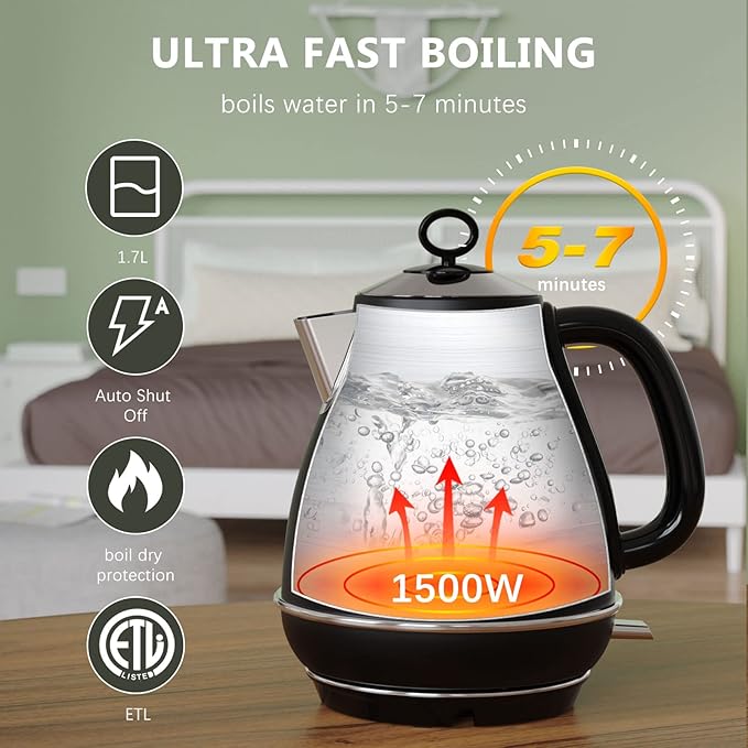 Evoloop 1.7L Electric Kettles, BPA Free Tea Kettle, Hot Water Boiler Heater, Stainless Steel Teapot, Auto Shut-Off & Boil-Dry Protection, 120V/1500W (Black)