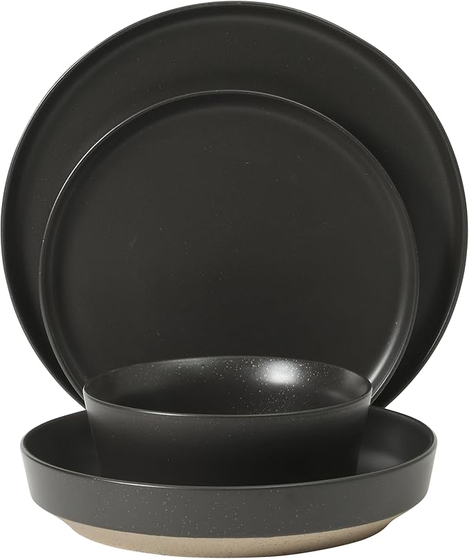 Gibson Elite Overbrook 16-Piece Pottery Clay Stoneware Dinnerware Set – Black Reactive Glaze, Stackable Plates and Bowls W/Pasta Bowl, Service for 4 – Microwave & Dishwasher Safe