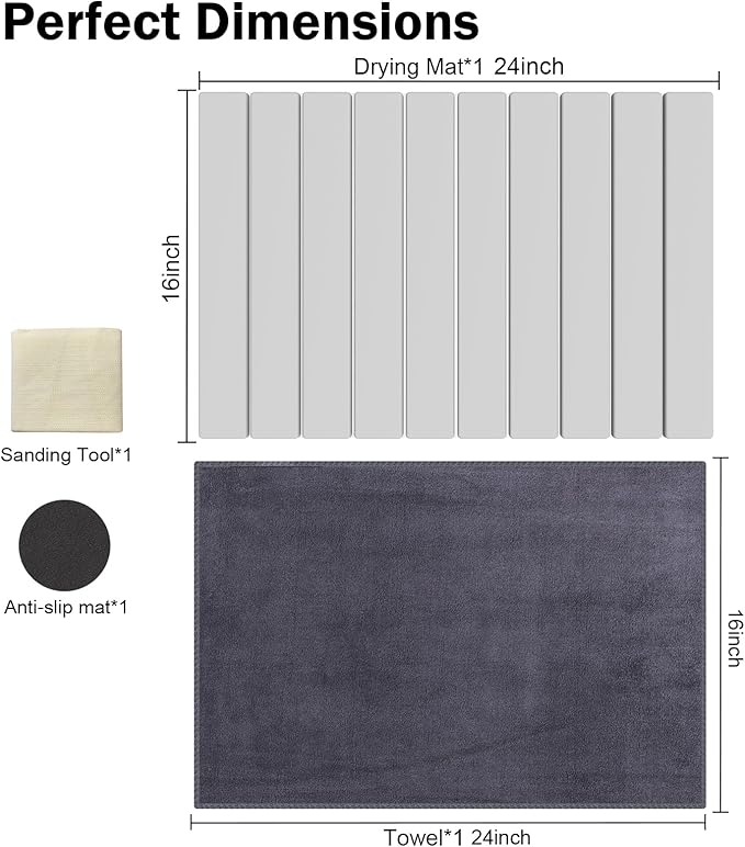 Stone Dish Drying Mat for Kitchen Counter,24"(L)×16"(W) Collapsible Fast-Drying Diatomaceous Earth Mats with Towel Sanding Tool,Versatile Stone Drying Mats for Cups Dishes Bottles