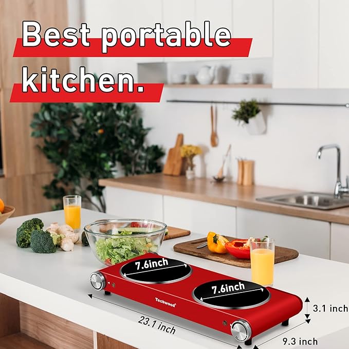 Hot Plate, Techwood 1800W Dual Electric Stoves, Countertop Stove Double Burner for Cooking, Infrared Ceramic Hot Plates Double Cooktop, Red, Brushed Stainless Steel Easy To Clean Upgraded Version, Red