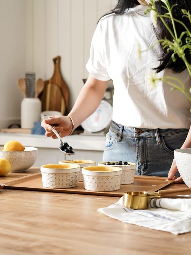 LE TAUCI Ramekins Oven Safe with Lids, 8 oz Ramikin Set for Creme brulee, Souffle, Dipping Sauces, Ceramic Food Storage Containers, Baking Dishes - 4.4 inch, Set of 4, Arctic White