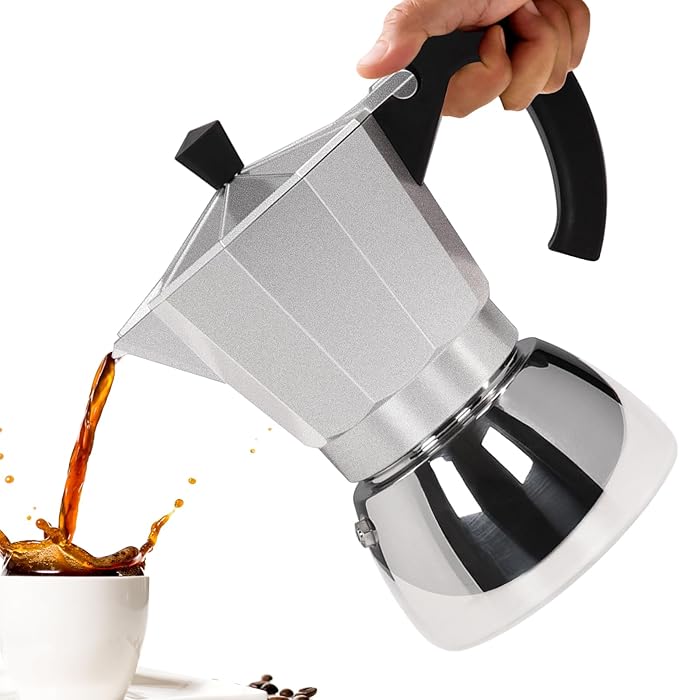 No Coating 4 Cup Aluminum and Stainless Steel Moka Pot Stovetop Espresso Maker Italian Coffee Machine 220ml 7.44oz Suitable for Gas Induction Stovetop Greca Coffee Maker Percolator Silver