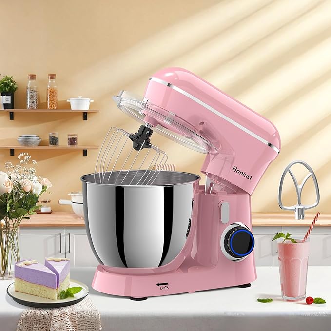 Honinst Stand Mixer, 6.5QT 10-Speed Tilt-Head Electric Stand Mixer, 3-In-1 Kitchen Mixer with Bowl, Dough Hook, Whisk and Beater, Food Mixer for Baking, Cake and Most Home Cooks, Pink