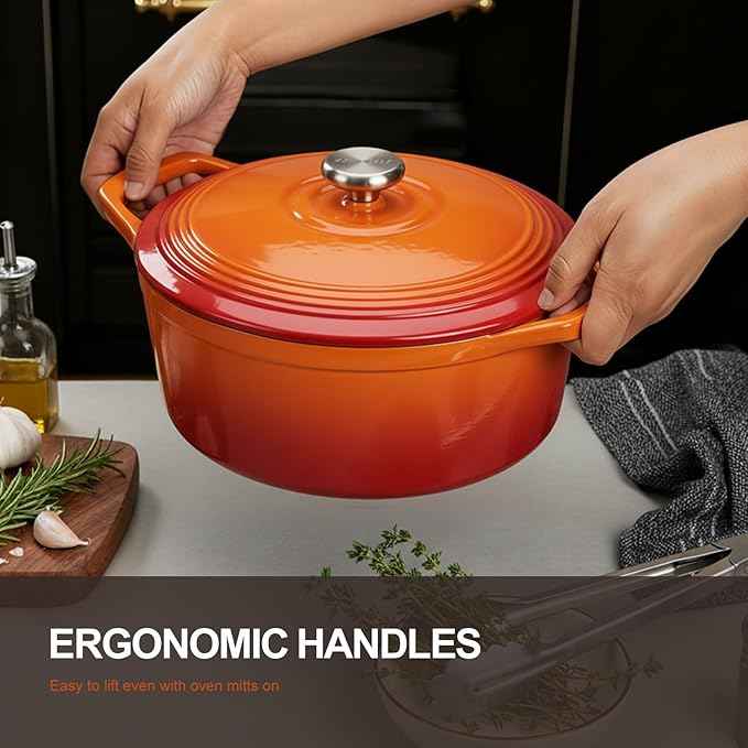 Overmont Enameled Cast Iron Dutch Oven - 5.5QT Pot with Lid Cookbook & Cotton Potholders - Heavy-Duty Cookware for Braising, Stews, Roasting, Bread Baking Orange