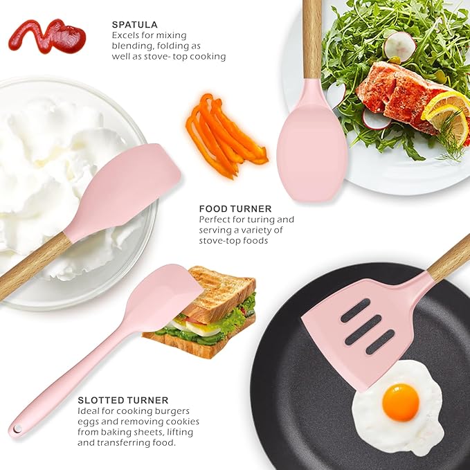 Silicone Kitchen Utensils Set - 446°F Heat Resistant Cooking Utensil Sets, Spatula,Turner,Tongs,Spoon,Brush,Whisk, Wooden Handle Silicone Kitchen Gadgets Tools for Non-Stick Cookware BPA Free (Pink)