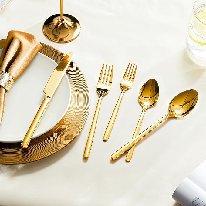 KINGSTONE Gold Silverware Set, 20 Piece Flatware Cutlery Set for 4, 18/10 Stainless Steel Silverware Mirror Polished Dishwasher Safe for Home, Restaurant, Wedding, Party(Gold, 20 pieces for 4)
