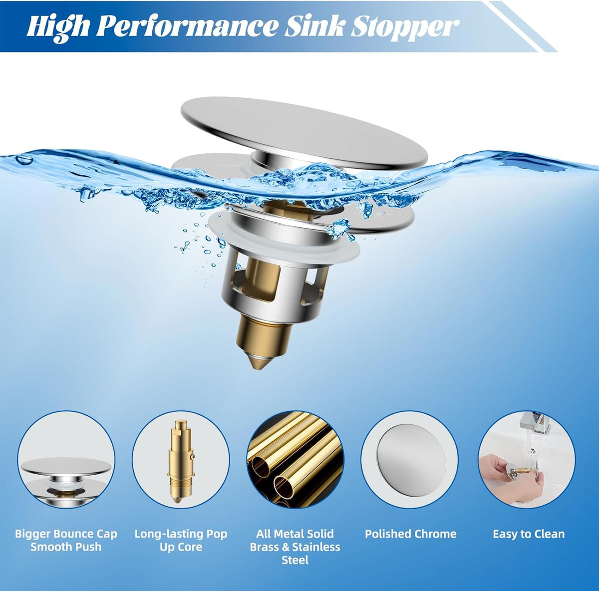 Hibbent 2 Pack All Metal Upgraded Bathroom Sink Stopper, Universal Pop Up Sink Drain Strainer, Brass Bullet Core Push Type Sink Stopper for 1.1''~2.3''' Basin, Anti Clogging Drain Filter, Chrome