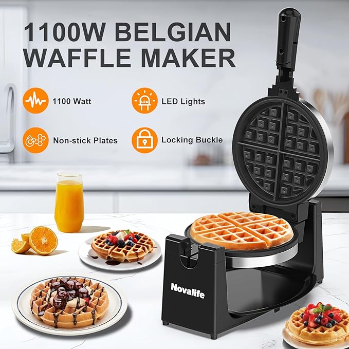 Waffle Maker, Rotating Belgian Waffle Maker, 180° Flip Waffle Iron, Non-Stick Plate, Adjustable Browning Control, Foldable Cool Touch Handle, Removable Drip Tray, Space Saving Storage, Stainless Steel