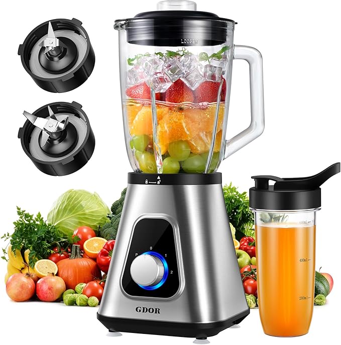 GDOR 1200W Blender for Smoothies and Shakes, 52 Oz Countertop Blender & 22 Oz Personal Blender Combo, 6-leaf Blade, 3 Adjustable Speed for Juices, Frozen Fruit Drinks, Sauces, Self-Cleaning