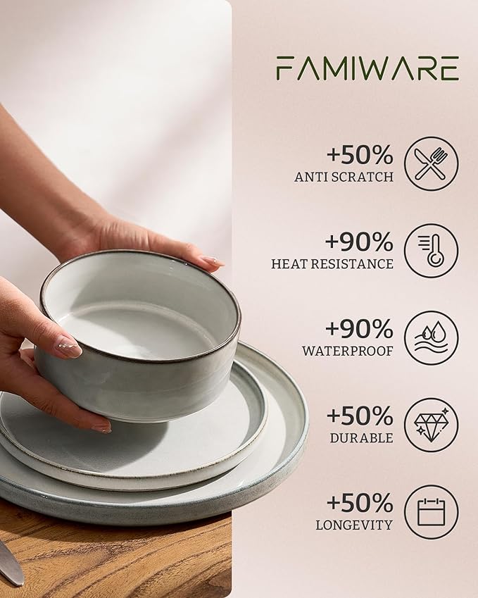 Famiware Annecy Plates and Bowls Sets, Service for 4 (16 Pieces), Dinnerware Sets with Pasta Bowls, Microwave and Dishwasher Safe Dishes Set, Chip and Scratch Resistant, Grey-White
