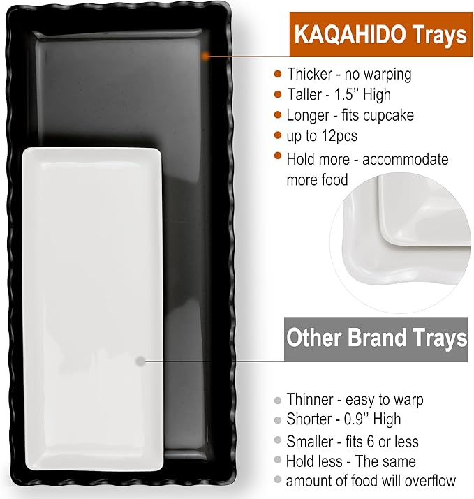 KAQAHIDO 17" x 8" x 1.5" Black Serving Tray Set, Wave Edge Melamine Platters for Cookie, Appetizer, Charcuterie, Snack, Dessert, Party Food Display, Stackable, Set of 2