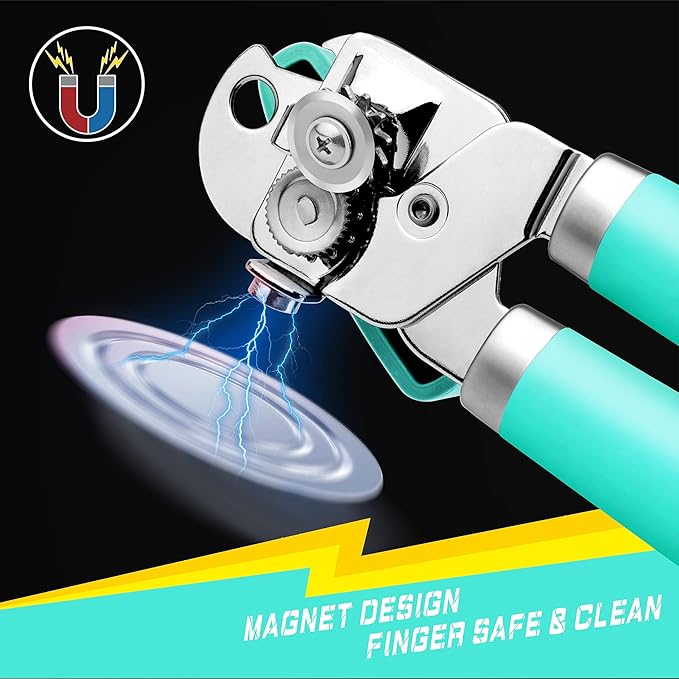 PrinChef Can Opener Manual, Can Tin Bottle Opener with Magnet - No-Trouble-Lid-Lift, Handheld Can Opener Smooth Edge with Sharp Blade, Heavy Duty and Easy to Use, for Seniors with Arthritis, Lake Blue