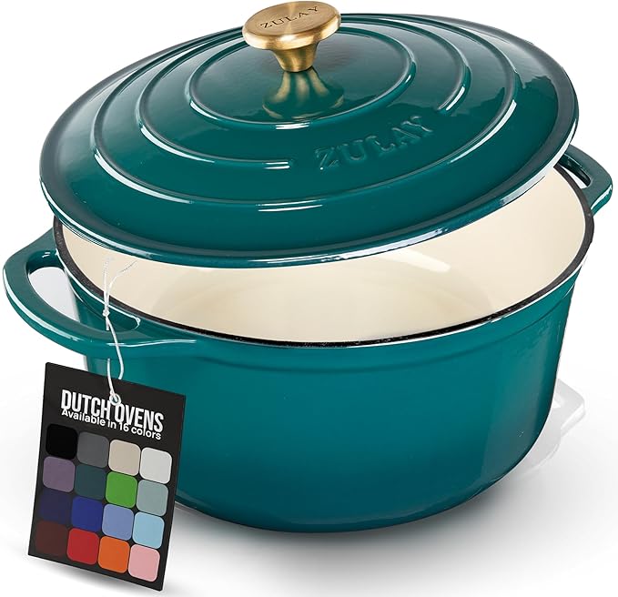 Zulay Kitchen 6.4 Quart Enameled Cast Iron Dutch Oven Pot with Lid Oven Safe up to 500°F. Heavy-Duty Enameled Cast Iron for Sourdough Bread Baking, Stews, Braising & Roasting, Soup Pot with Lid - Emerald