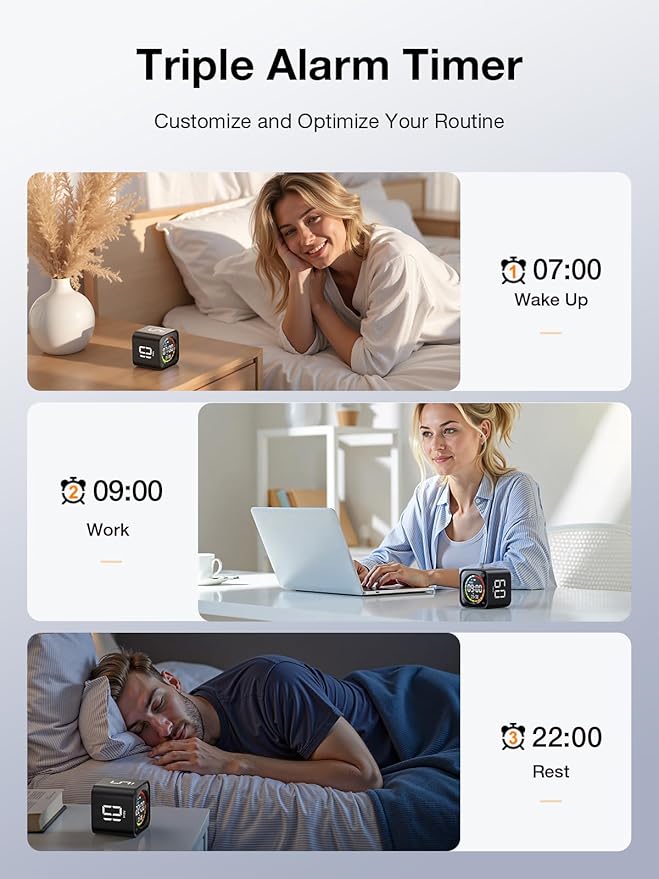 TK3 Pomodoro Timer Cube, Desk Productivity Timer with 5/10/30/60 Min Presets, Custom Countdown, Stopwatch, Clock, 3 Alarm, Silent, Vibrate & Sound Alert, for Task, ADHD, Study, Kitchen, Black