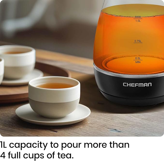 Chefman Electric Kettle with Tea Infuser, Compact 1L (4 Cups), 1500W, Removable Lid for Easy Cleaning, Boil-Dry Protection, Stainless Steel Filter, BPA Free, Auto Shut Off, Small Electric Tea Kettle
