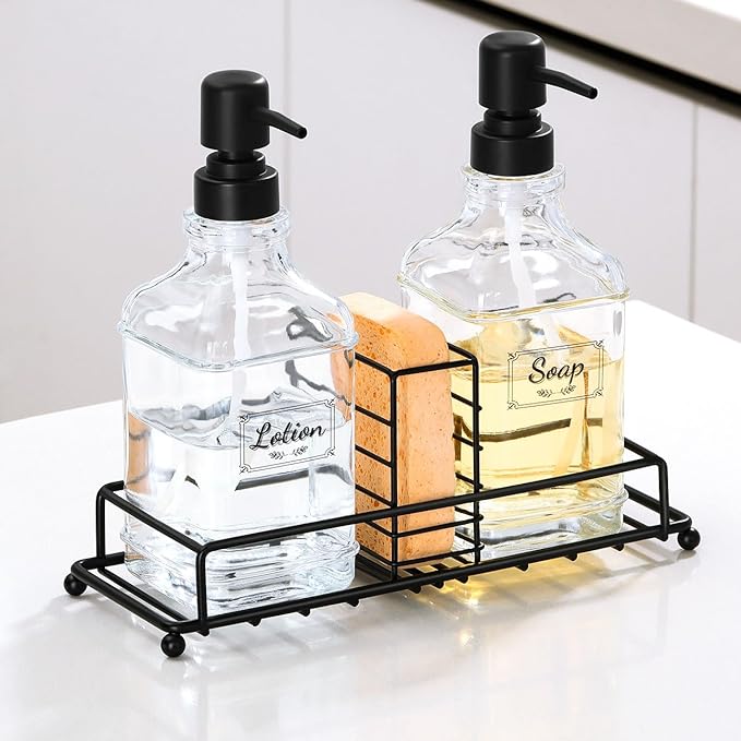 Shinowa Kitchen Soap Dispenser Set, Hand and Dish Soap Dispenser with Tray, 2-Pack Thick Glass Dish Dispenser for Kitchen & Bathroom, Soap and Lotion Dispenser Set Kit with Pump