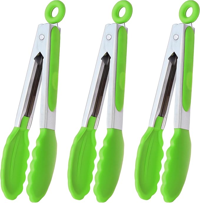 Mini Tongs with Silicone Tips 7 Inches Silicone Cooking Tongs, Set of 3 (Green)